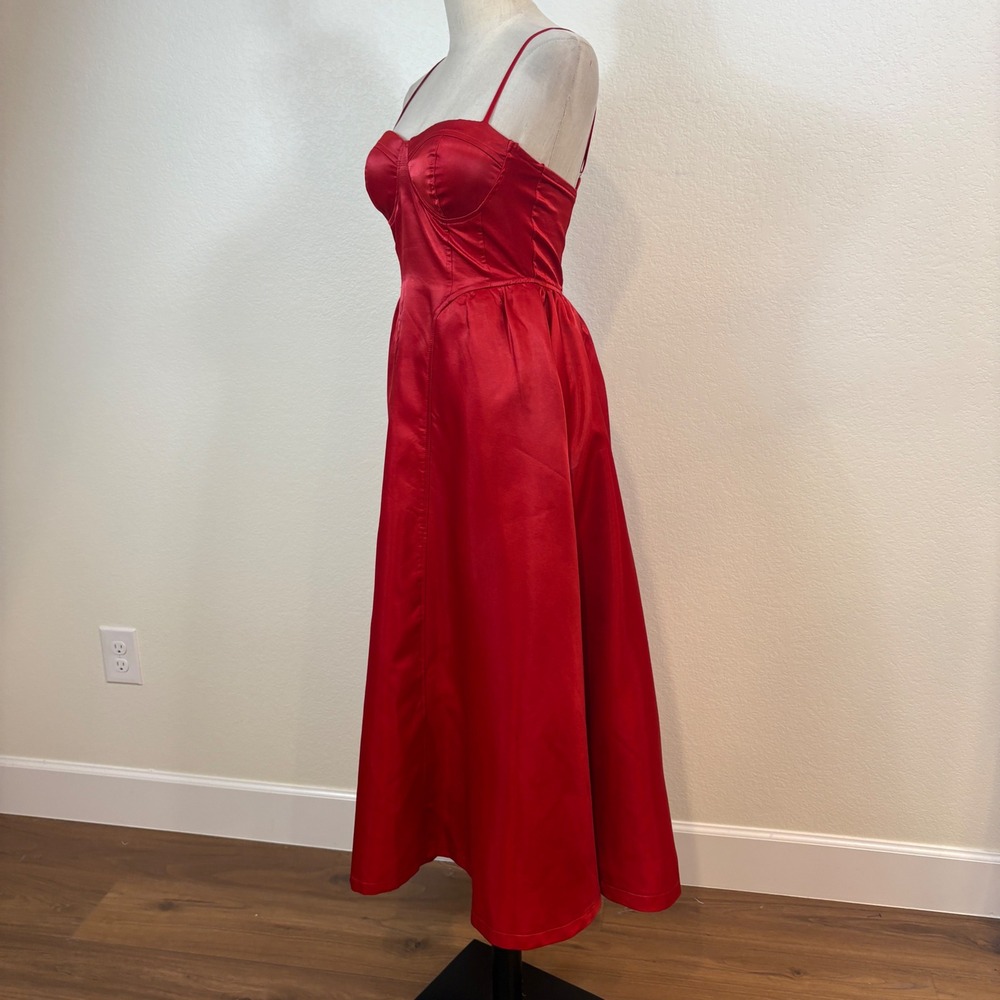MABLE Bustier Midi Dress Womens S Red Satin A-Line Basque waist Cocktail Party - Picture 4 of 8